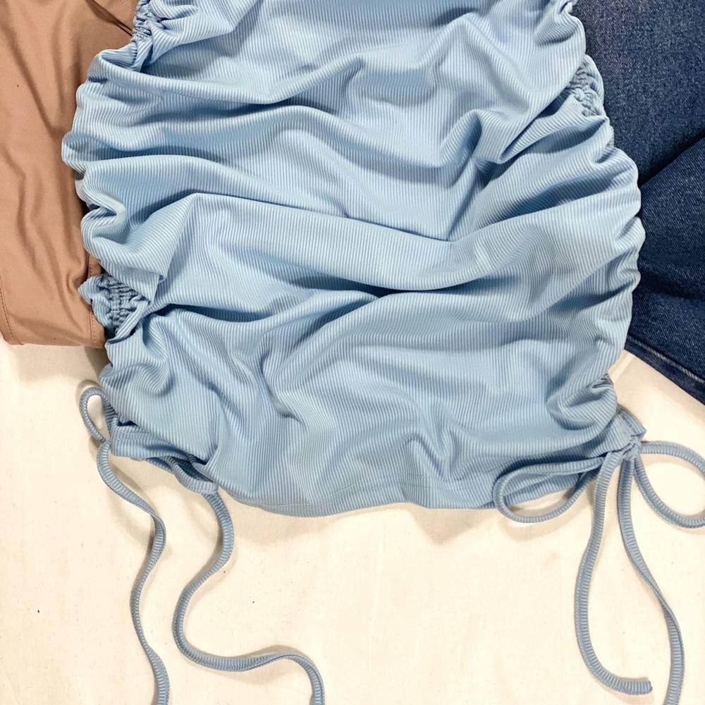 Blue Single Shoulder Drawstring Rib-knit Dress - Picture 6 of 7
